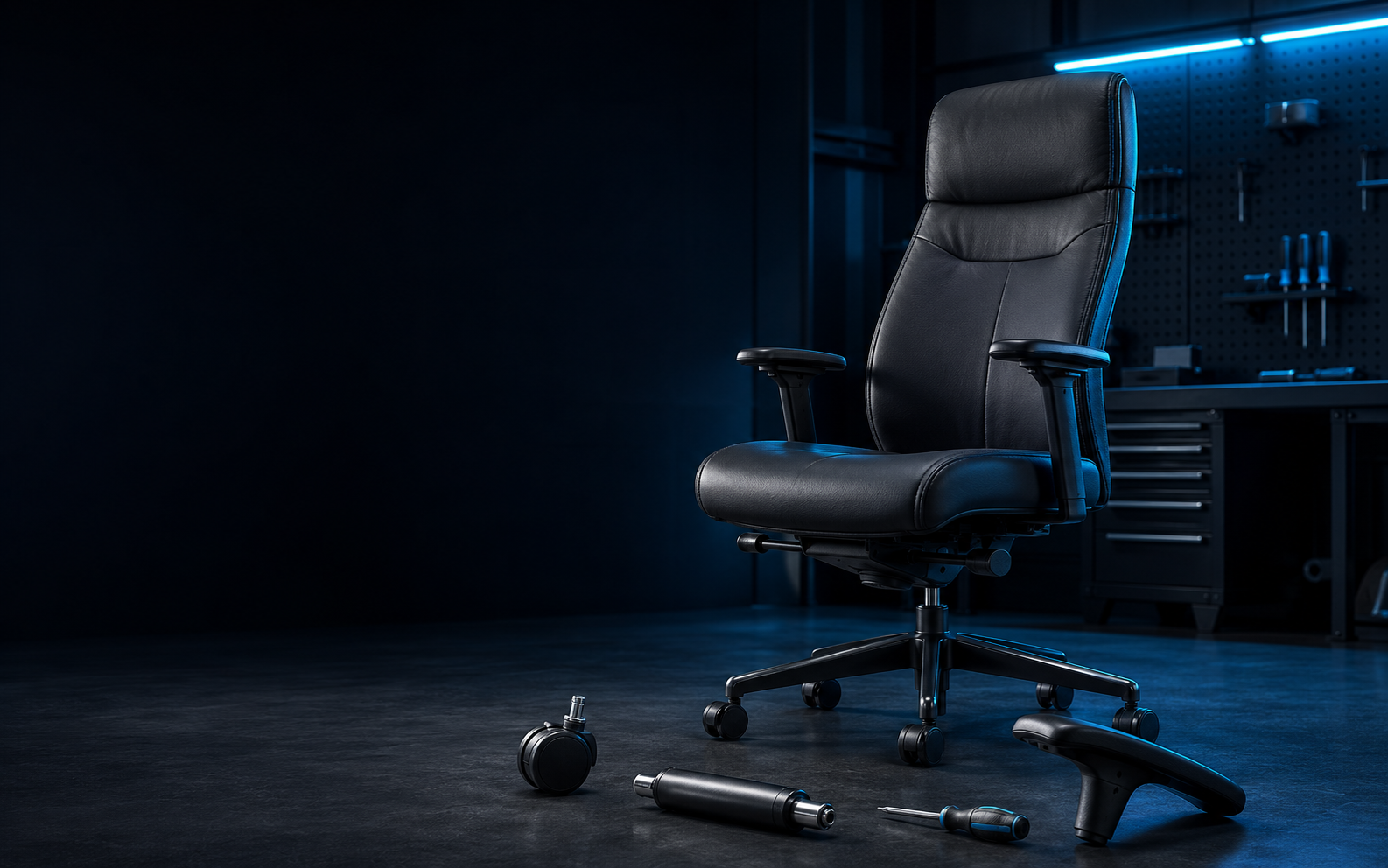 Cadeira ergonômica em oficina especializada com peças de reposição